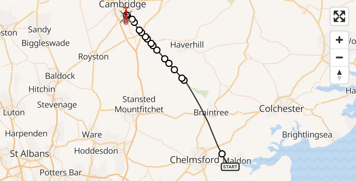 Flight route Air Ambulance Helicopter Maldon - Papworth Hospital, 13 June 2026, 17:01