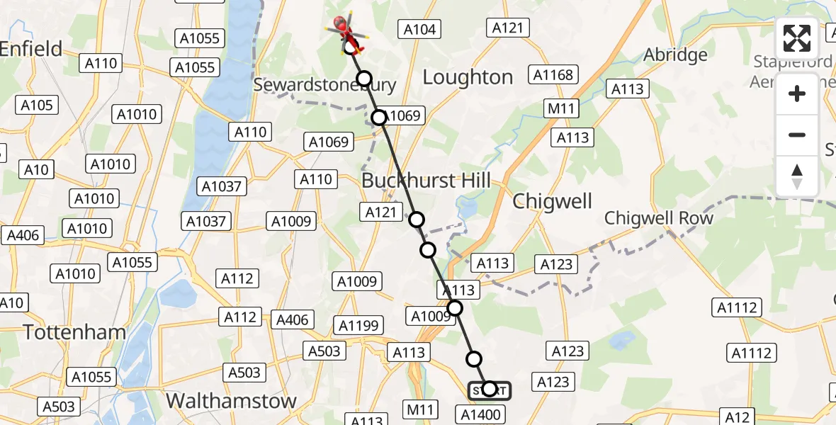 Flight route Air Ambulance Helicopter Clayhall - Metropolitan Police Air Support Unit Lippitts Hill, 13 June 2026, 17:10