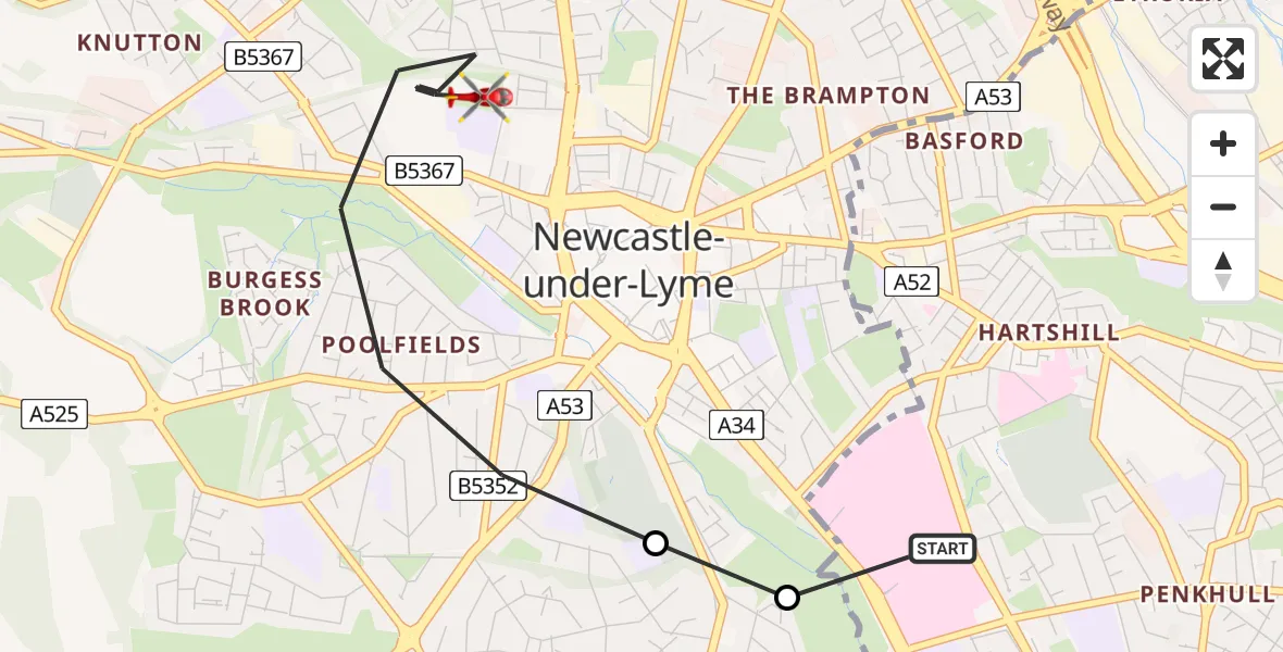 Flight route Air Ambulance Helicopter University Hospital North Staffs - Newcastle-under-Lyme, 13 June 2026, 17:17