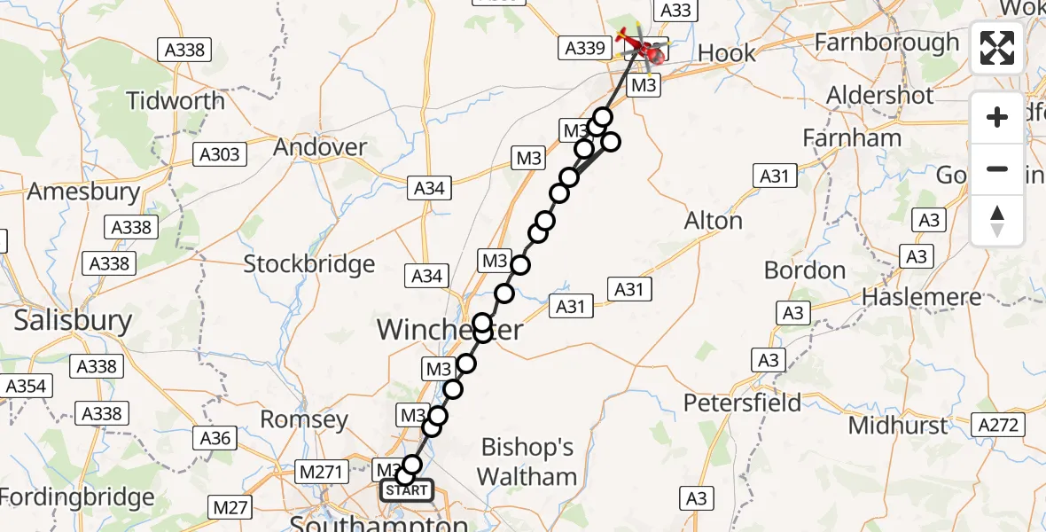 Flight route Air Ambulance Helicopter Townhill Park - Basingstoke, 13 June 2026, 17:17
