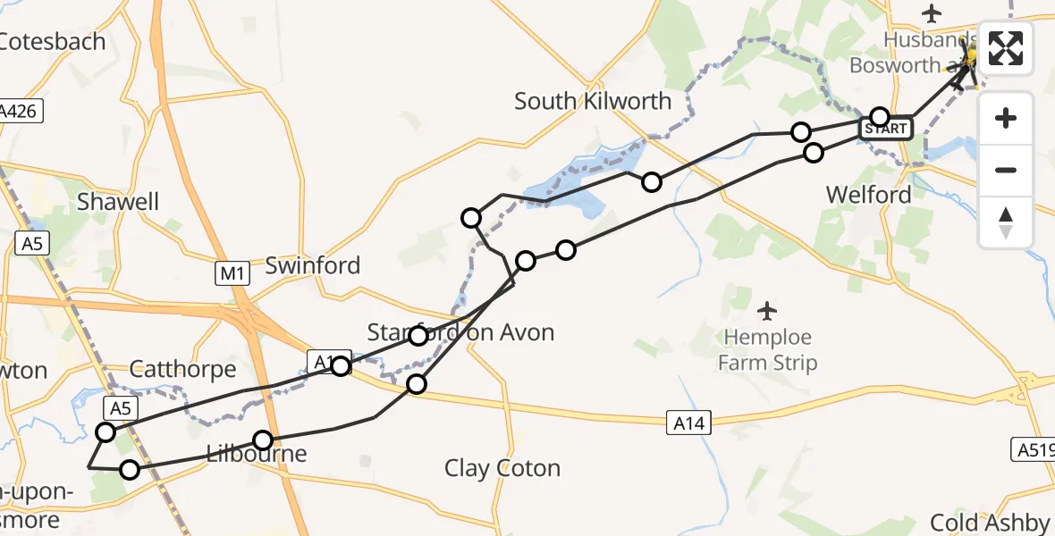 Flight route Police Helicopter Husbands Bosworth - Welford, 13 June 2026, 17:30