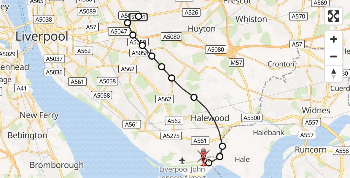 Flight route Air Ambulance Helicopter Knotty Ash - Liverpool John Lennon Airport, 13 June 2026, 17:31