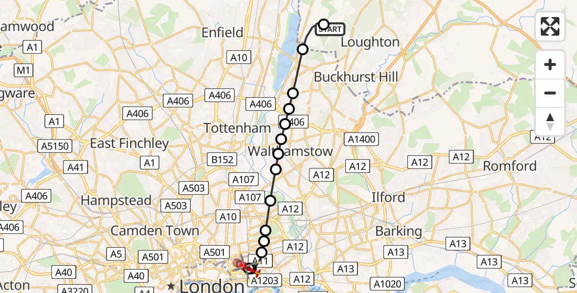 Flight route Air Ambulance Helicopter Metropolitan Police Air Support Unit Lippitts Hill - Royal London Hospital, 13 June 2026, 17:31