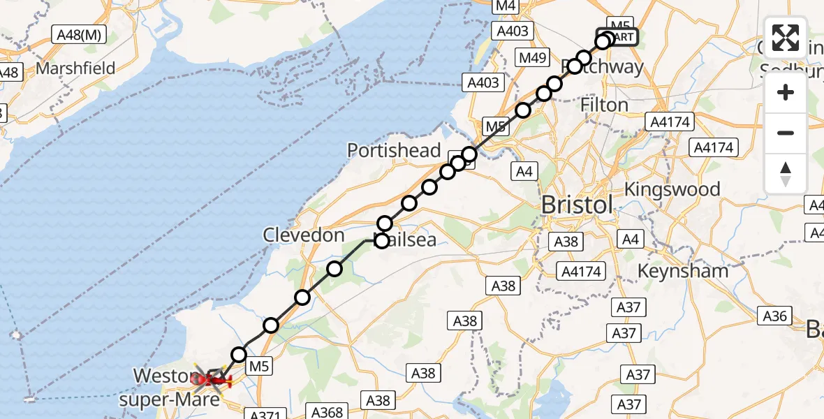 Flight route Air Ambulance Helicopter Almondsbury Helicopter Base - Weston-super-Mare, 13 June 2026, 17:41