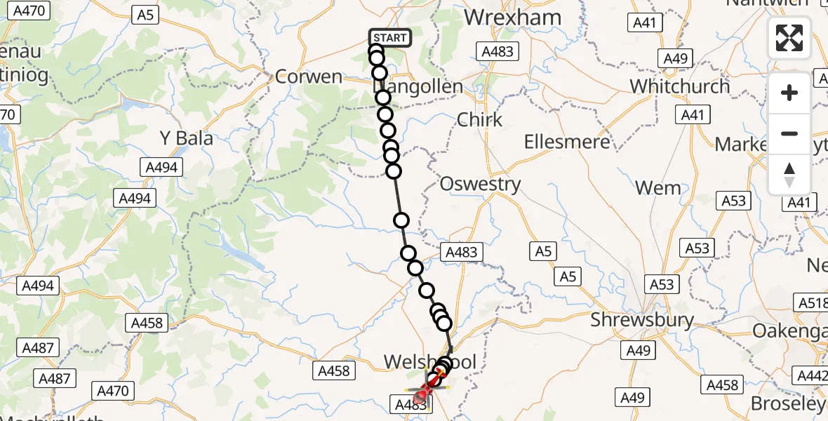 Flight route Air Ambulance Helicopter Bryneglwys - Welshpool, 13 June 2026, 17:47