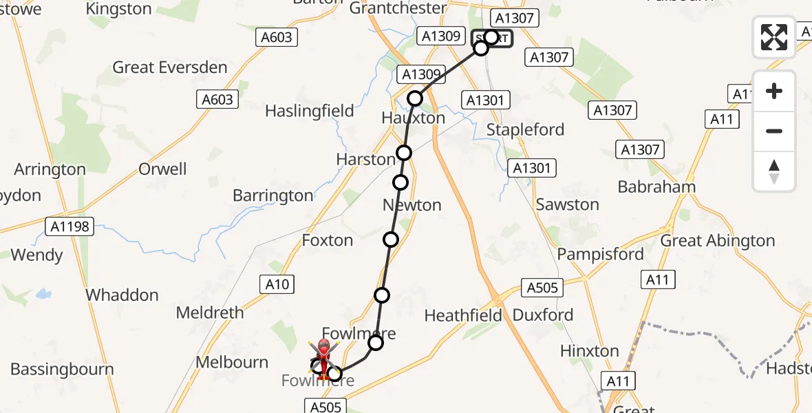 Flight route Air Ambulance Helicopter Papworth Hospital - Fowlmere, 13 June 2026, 17:47