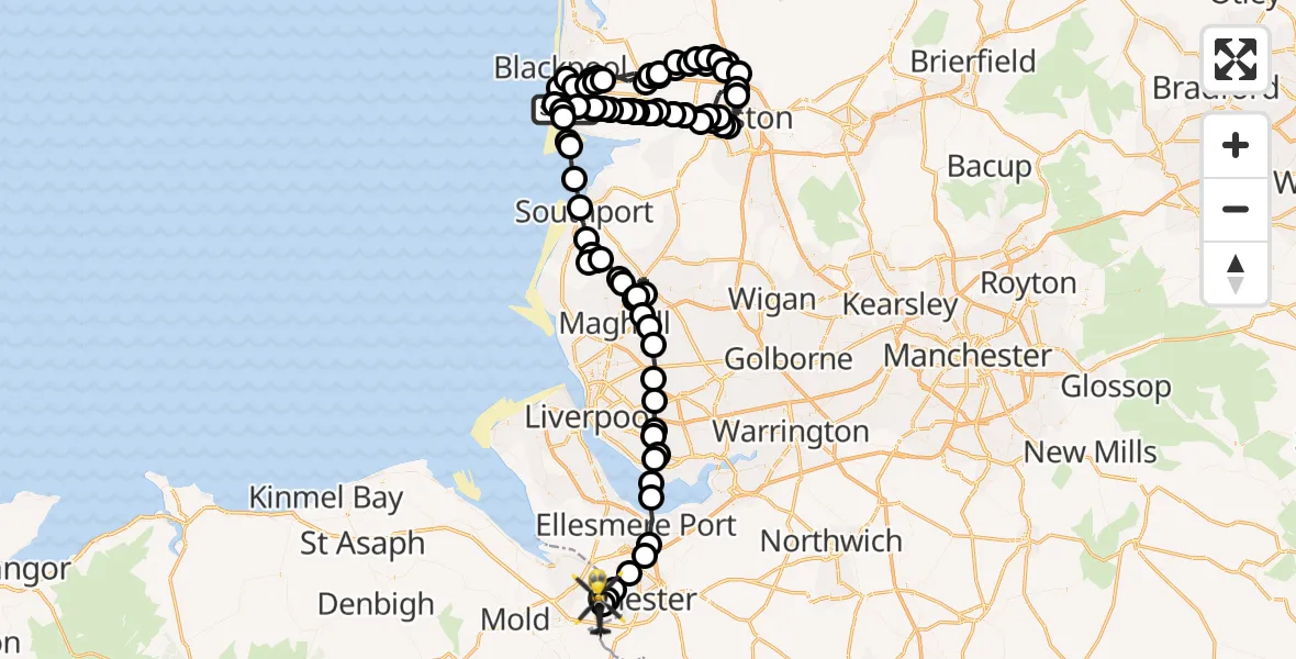 Flight route Police Helicopter Blackpool Airport - Hawarden Airport, 13 June 2026, 18:01