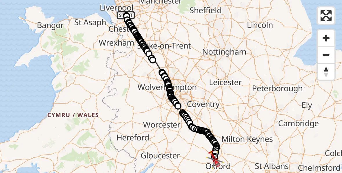 Flight route Air Ambulance Helicopter Liverpool John Lennon Airport - London Oxford Airport, 13 June 2026, 18:04