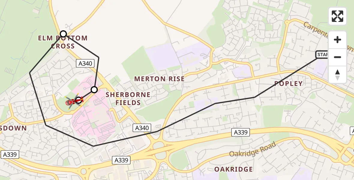 Flight route Air Ambulance Helicopter Basingstoke - North Hampshire Hospital, 13 June 2026, 18:16