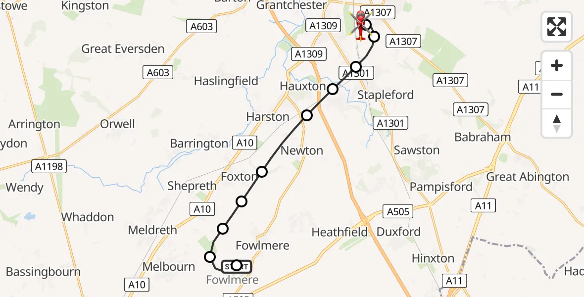Flight route Air Ambulance Helicopter Fowlmere Airfield - Papworth Hospital, 13 June 2026, 18:17