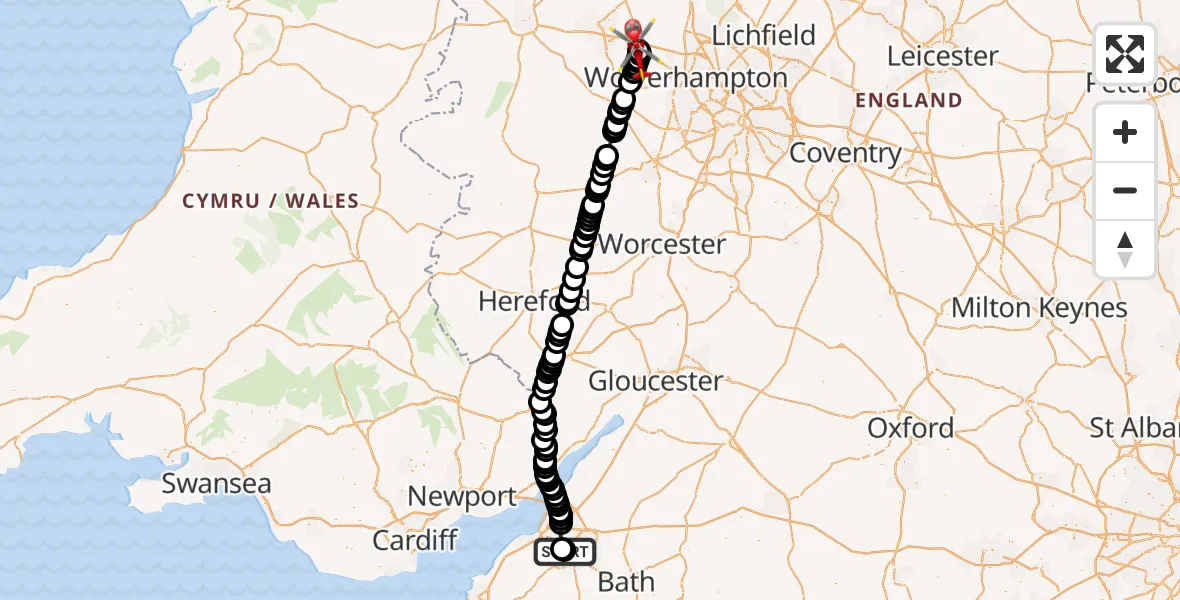 Flight route Air Ambulance Helicopter Bristol Royal Infirmary - Cosford, 13 June 2026, 18:18