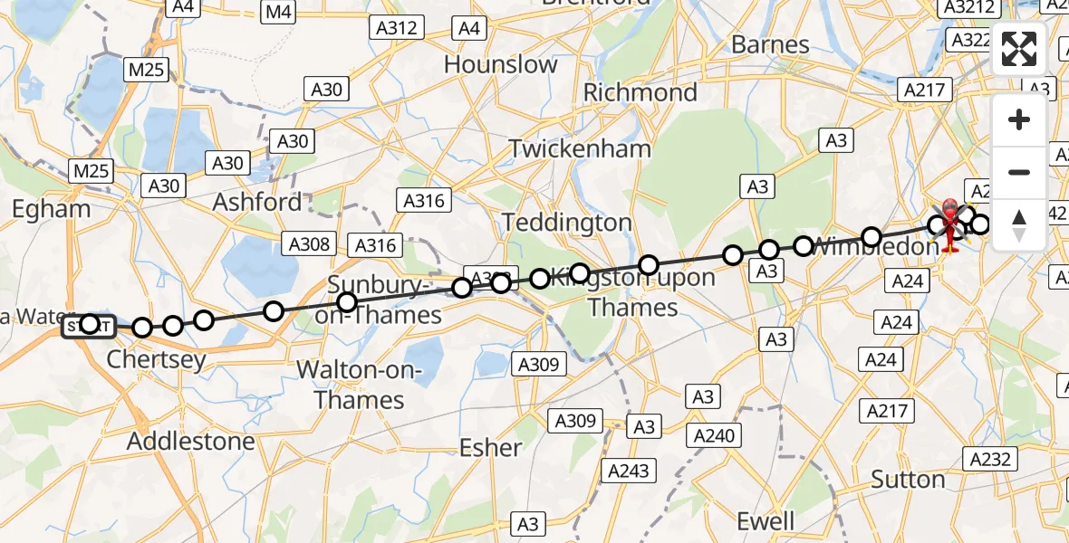 Flight route Air Ambulance Helicopter Thorpe Green - St Georges Hospital, 13 June 2026, 18:21