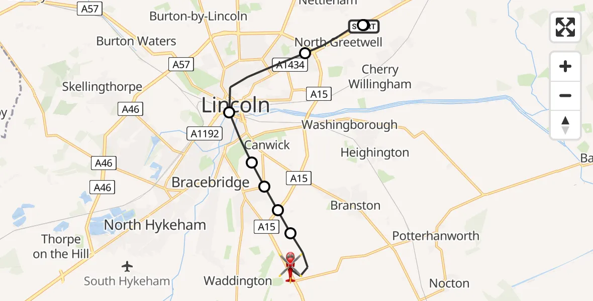 Flight route Air Ambulance Helicopter Reepham CP - North Kesteven, 13 June 2026, 18:22