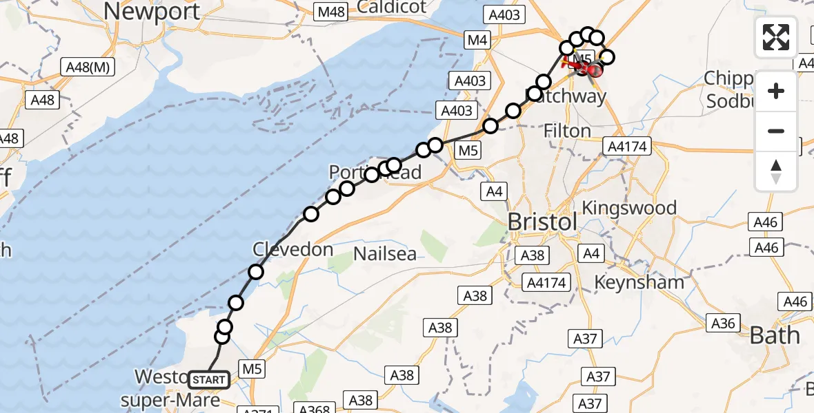 Flight route Air Ambulance Helicopter Weston-super-Mare - Almondsbury Helicopter Base, 13 June 2026, 18:31