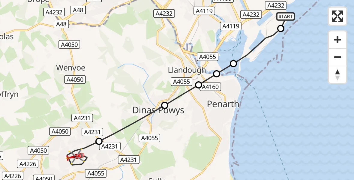 Flight route Air Ambulance Helicopter Cardiff Heliport - Barry, 13 June 2026, 18:42