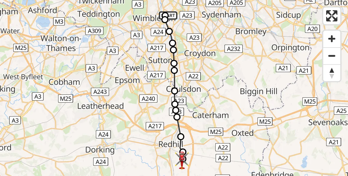 Flight route Air Ambulance Helicopter St Georges Hospital - Redhill Aerodrome, 13 June 2026, 18:46