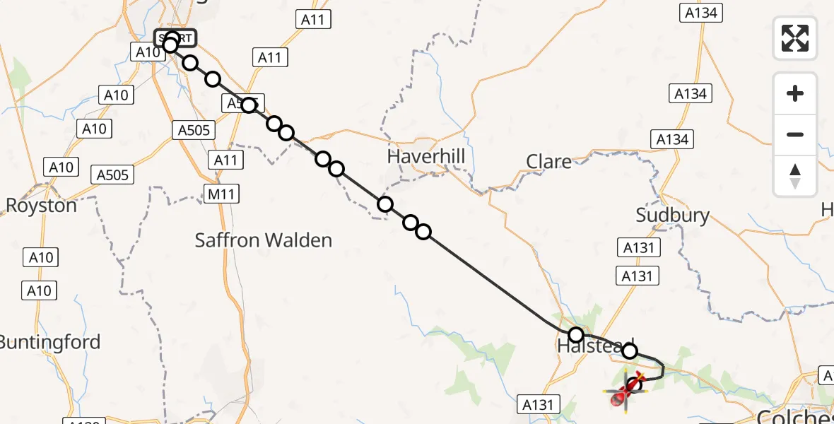 Flight route Air Ambulance Helicopter Papworth Hospital - Earls Colne Airfield, 13 June 2026, 18:55