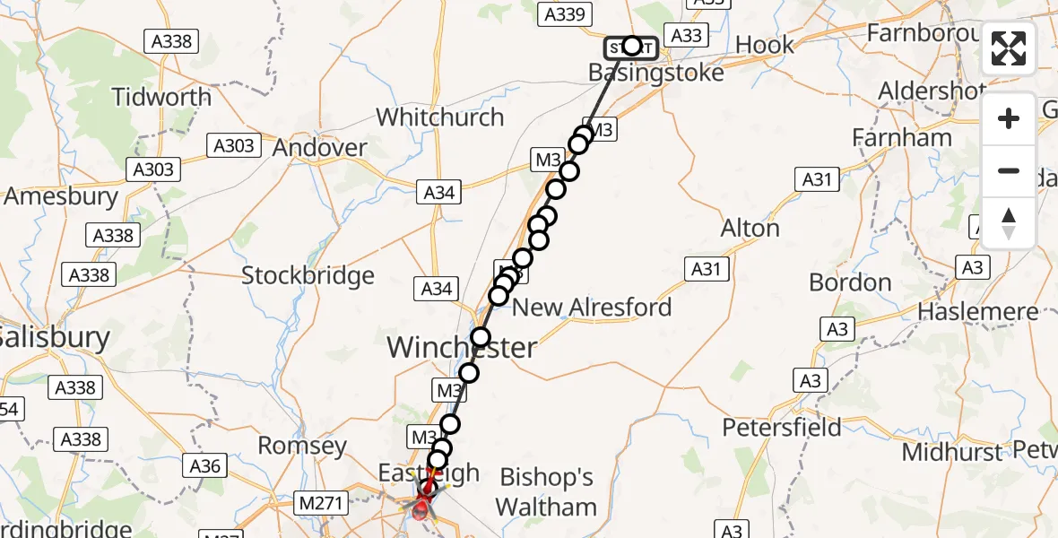 Flight route Air Ambulance Helicopter North Hampshire Hospital - Southampton Airport, 13 June 2026, 19:00