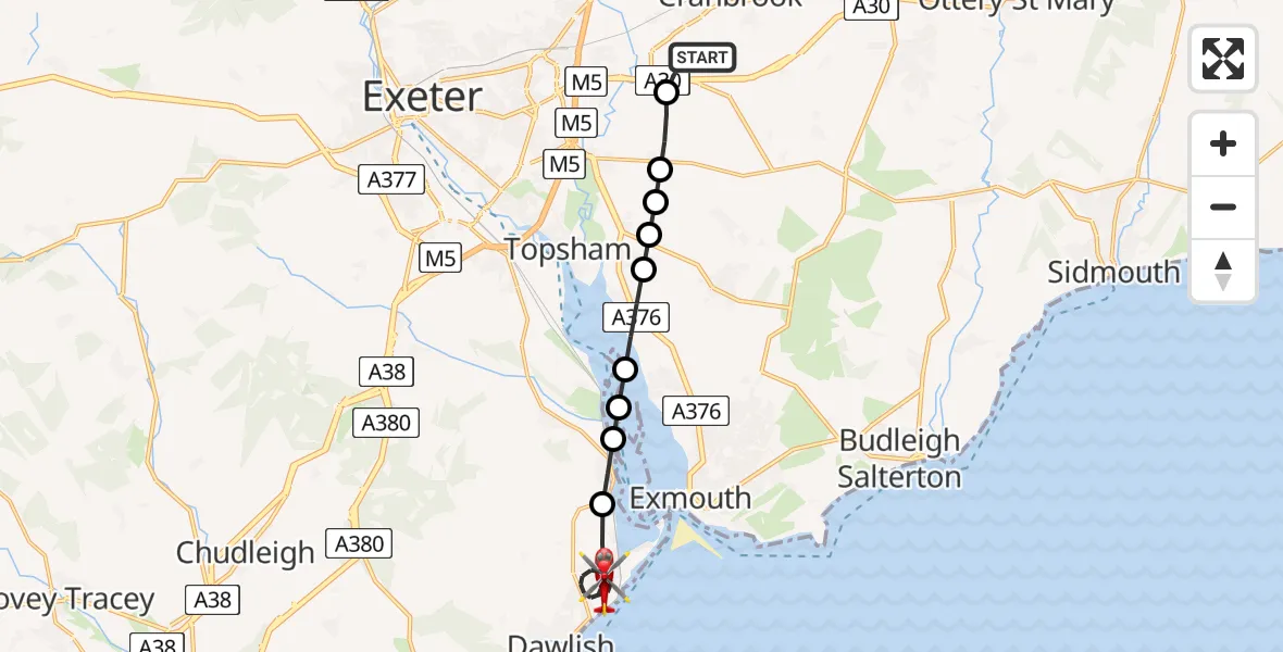 Flight route Air Ambulance Helicopter Exeter International Airport - Dawlish, 13 June 2026, 19:18
