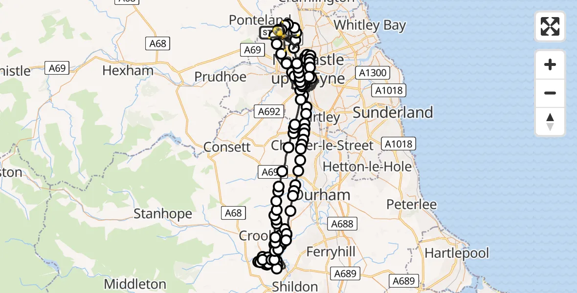 Flight route Police Helicopter Newcastle International Airport - Woolsington, 13 June 2026, 19:34