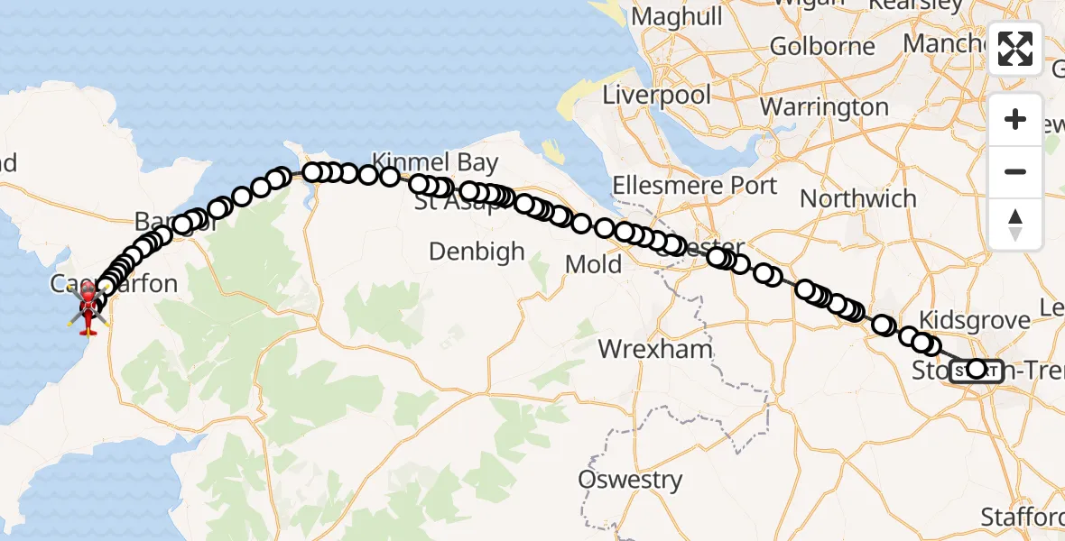 Flight route Air Ambulance Helicopter Newcastle-under-Lyme - Caernarfon Airport, 13 June 2026, 19:38
