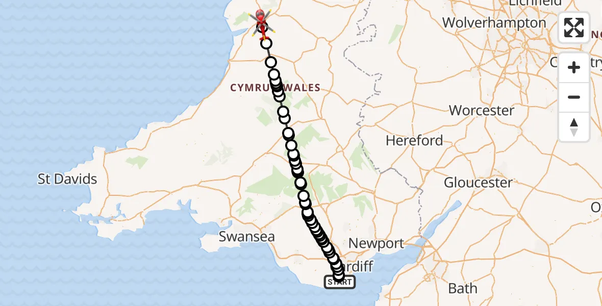 Flight route Air Ambulance Helicopter Barry - Machynlleth, 13 June 2026, 19:39