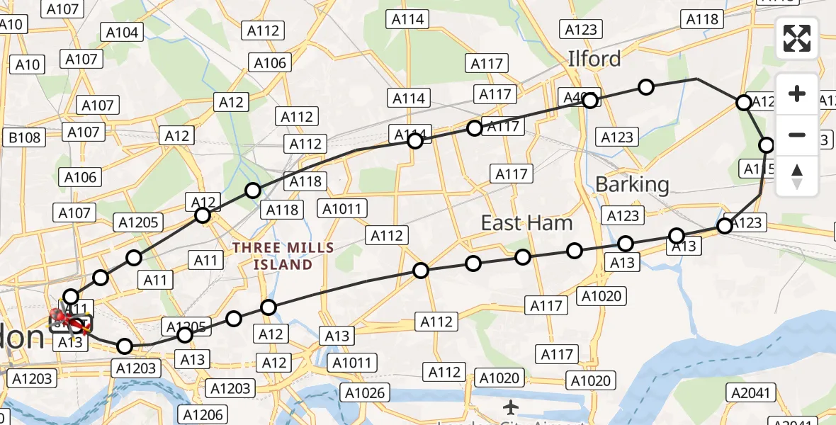 Flight route Air Ambulance Helicopter Royal London Hospital - Royal London Hospital, 13 June 2026, 19:51