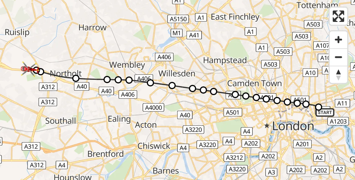 Flight route Air Ambulance Helicopter Royal London Hospital - RAF Northolt, 13 June 2026, 20:21