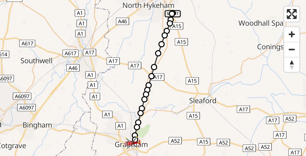 Flight route Air Ambulance Helicopter RAF Waddington - Grantham, 13 June 2026, 20:22