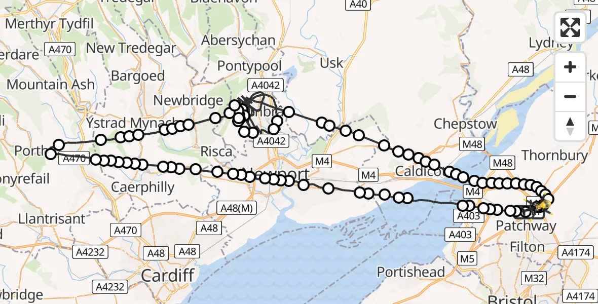 Flight route Police Helicopter Bristol - Almondsbury Helicopter Base, 13 June 2026, 20:41