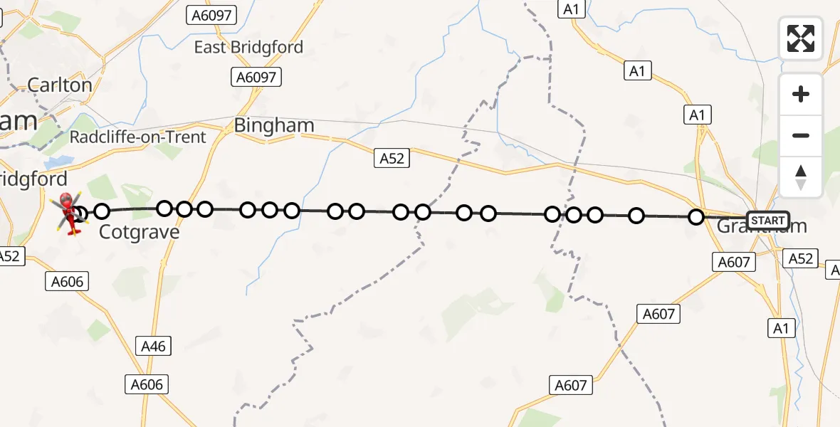 Flight route Air Ambulance Helicopter Grantham - Nottingham City Airport, 13 June 2026, 20:56