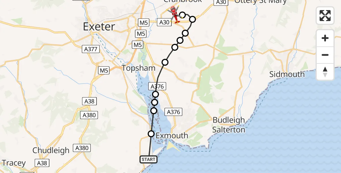 Flight route Air Ambulance Helicopter Dawlish - Exeter International Airport, 13 June 2026, 21:04