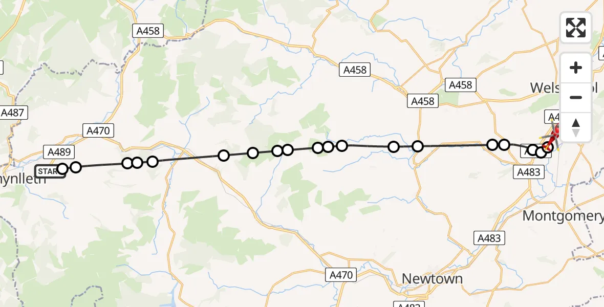 Flight route Air Ambulance Helicopter Llanwrin - Welshpool, 13 June 2026, 21:22