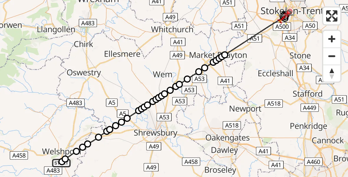 Flight route Air Ambulance Helicopter Welshpool Airport - University Hospital North Staffs, 13 June 2026, 21:59