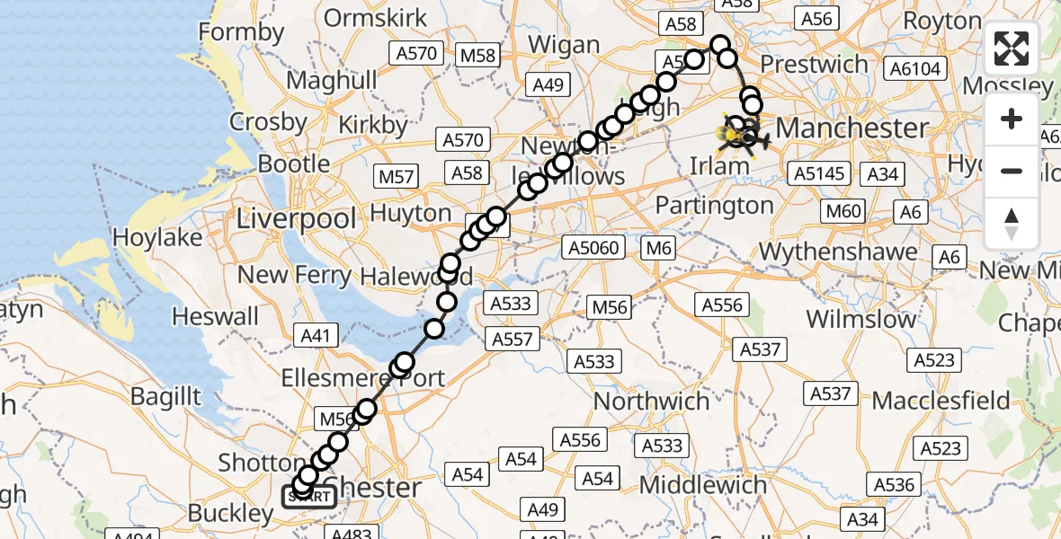 Flight route Police Helicopter Hawarden Airport - Manchester Barton Aerodrome, 13 June 2026, 22:02
