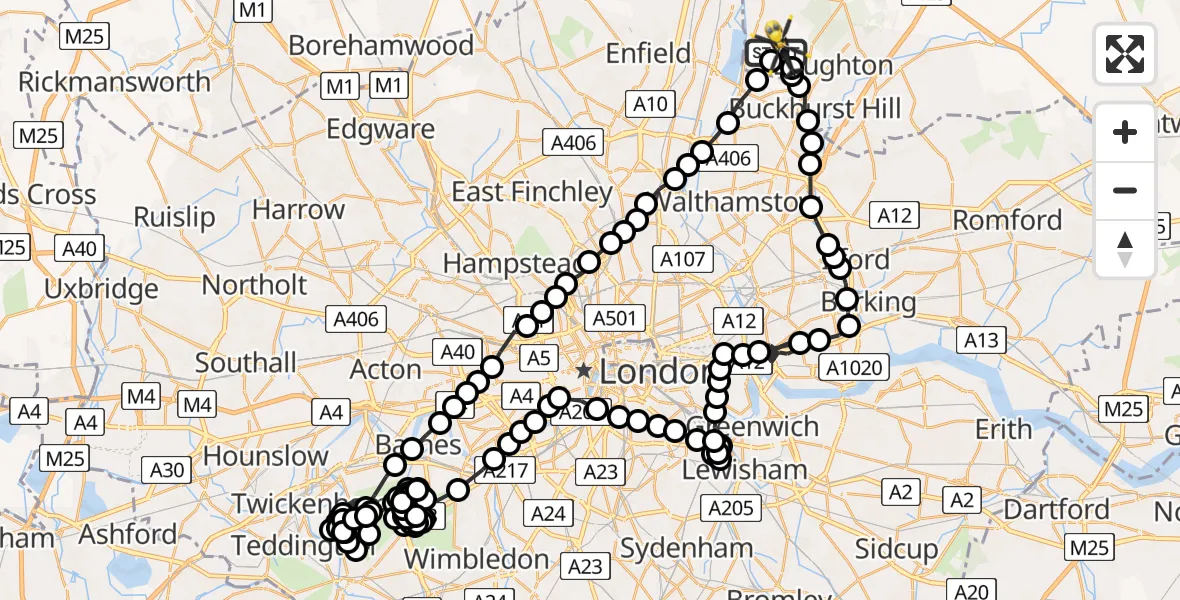 Flight route Police Helicopter Metropolitan Police Air Support Unit Lippitts Hill - Metropolitan Police Air Support Unit Lippitts Hill, 13 June 2026, 22:13
