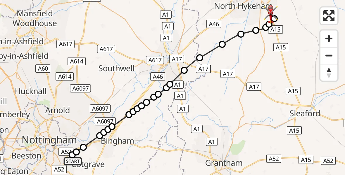 Flight route Air Ambulance Helicopter Nottingham City Airport - North Kesteven, 13 June 2026, 22:15