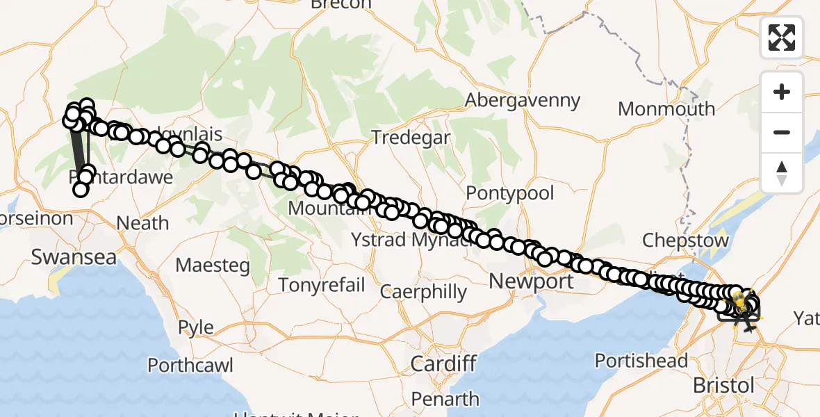 Flight route Police Helicopter Almondsbury Helicopter Base - Woodlands, 13 June 2026, 22:22