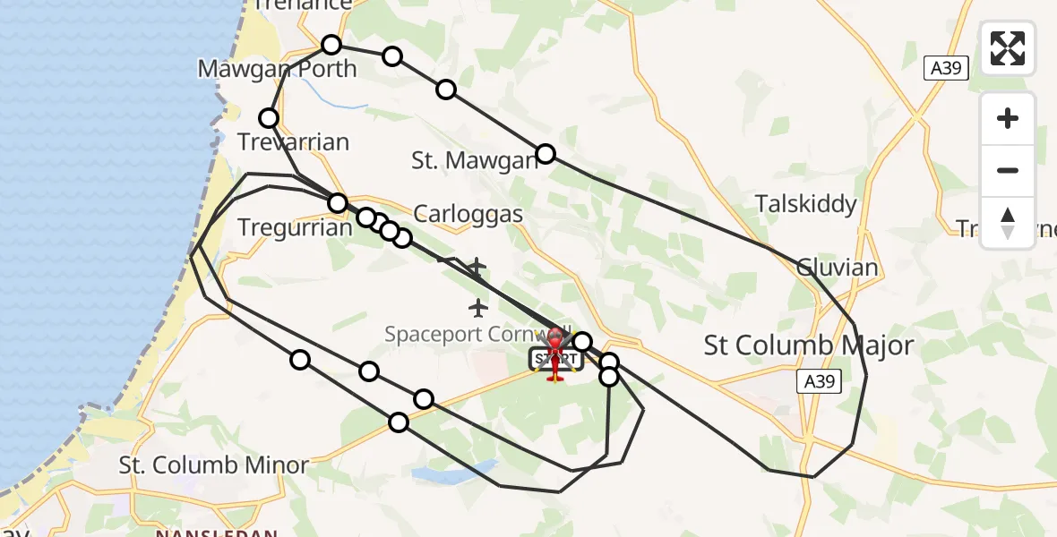Flight route Air Ambulance Helicopter Cornwall Airport Newquay - Cornwall Airport Newquay, 13 June 2026, 22:27