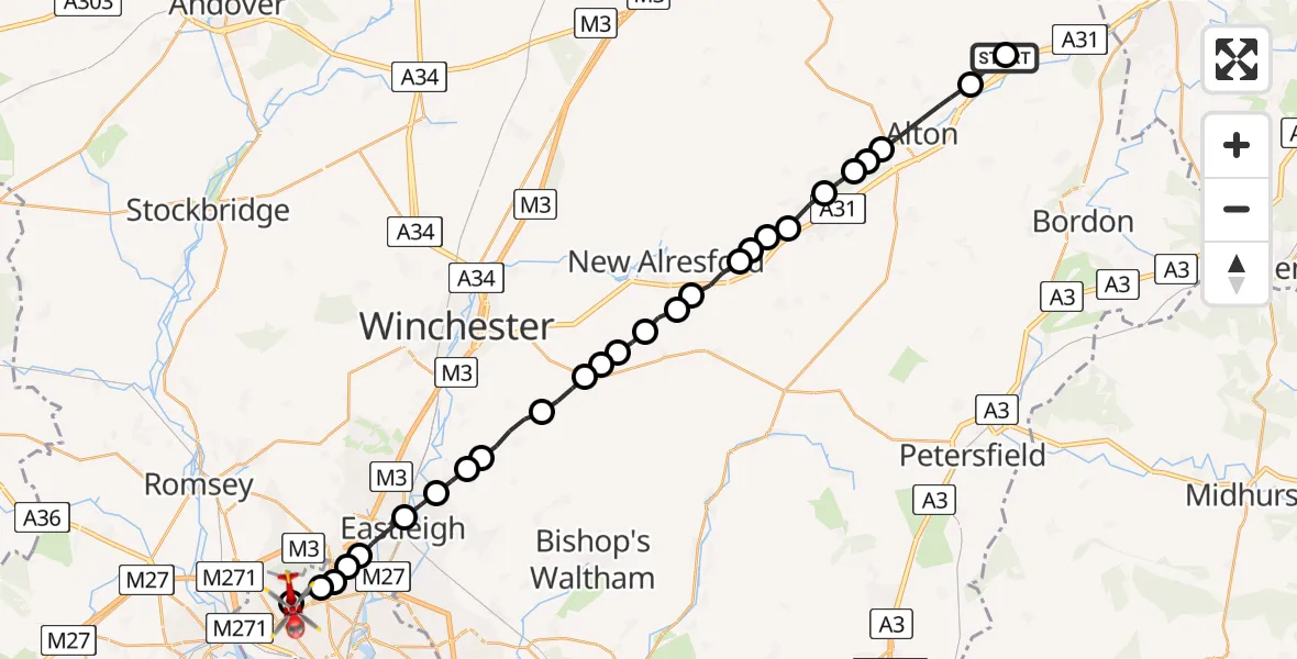 Flight route Air Ambulance Helicopter Lower Froyle - University Hospital Southampton, 13 June 2026, 22:35