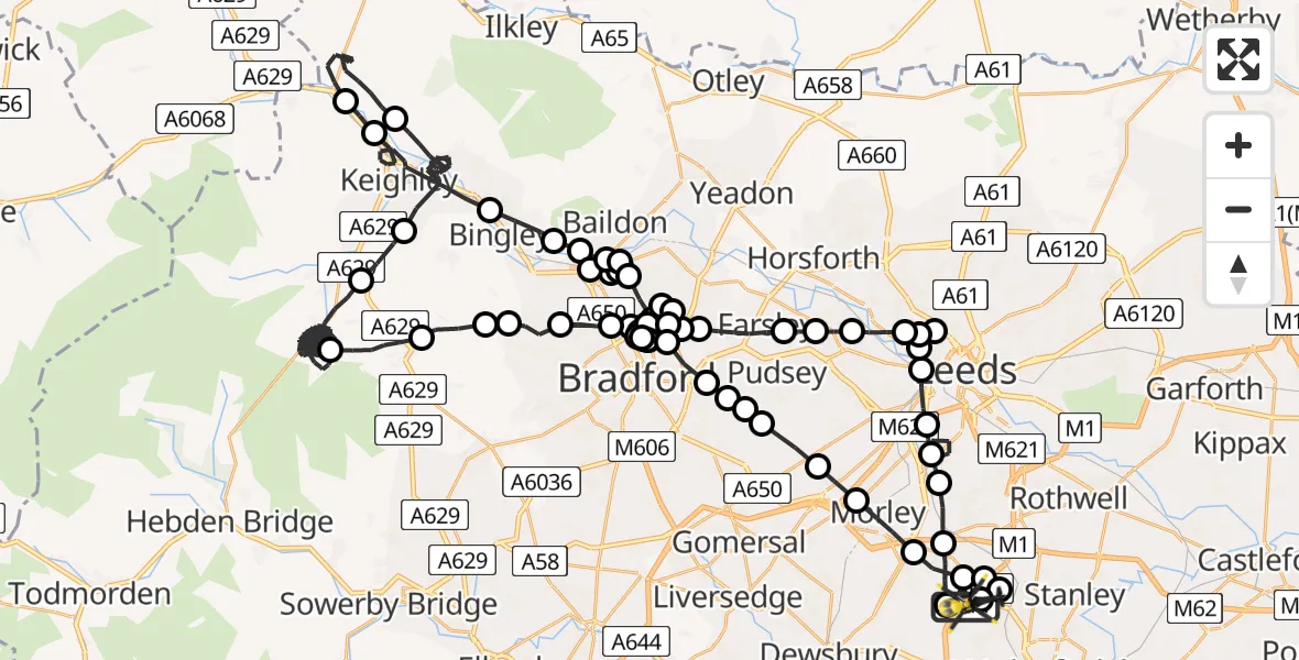 Flight route Police Helicopter East Ardsley - East Ardsley, 13 June 2026, 22:37