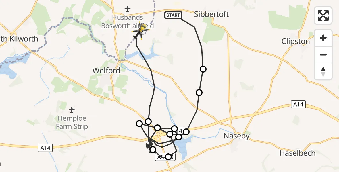 Flight route Police Helicopter Sibbertoft - Welford, 13 June 2026, 23:11