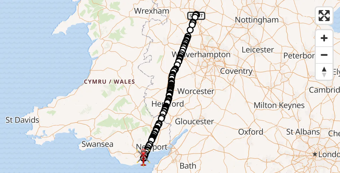 Flight route Air Ambulance Helicopter University Hospital North Staffs - Cardiff Heliport, 13 June 2026, 23:24