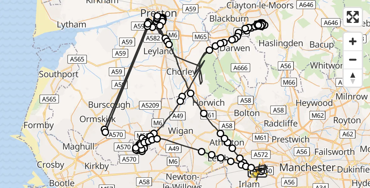Flight route Police Helicopter Manchester Barton Aerodrome - Manchester Barton Aerodrome, 13 June 2026, 23:36