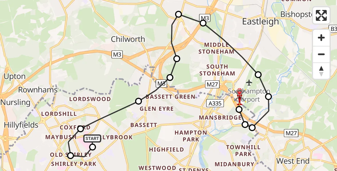 Flight route Air Ambulance Helicopter University Hospital Southampton - Southampton Airport, 13 June 2026, 23:41