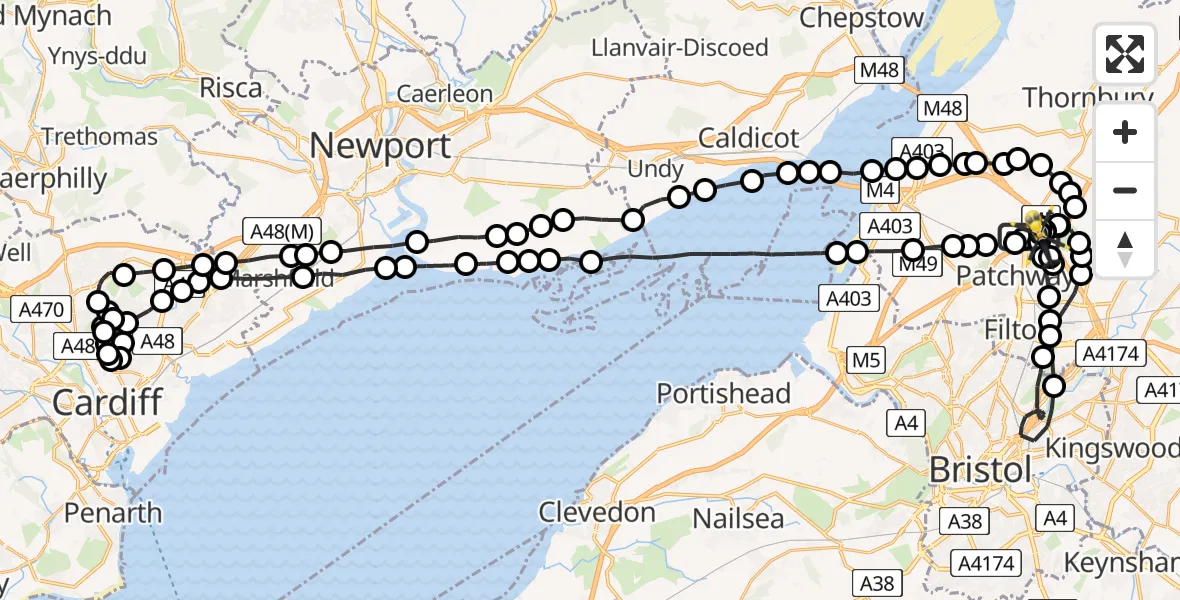 Flight route Police Helicopter Almondsbury Helicopter Base - Almondsbury Helicopter Base, 14 June 2026, 00:31