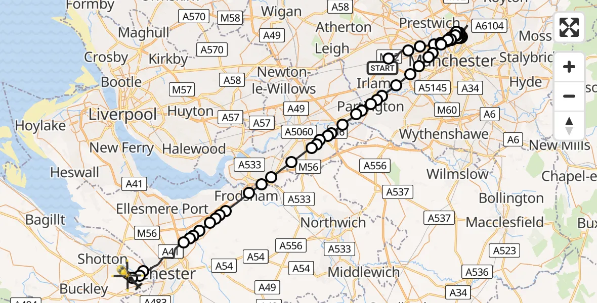 Flight route Police Helicopter Manchester Barton Aerodrome - Hawarden Airport, 14 June 2026, 02:12