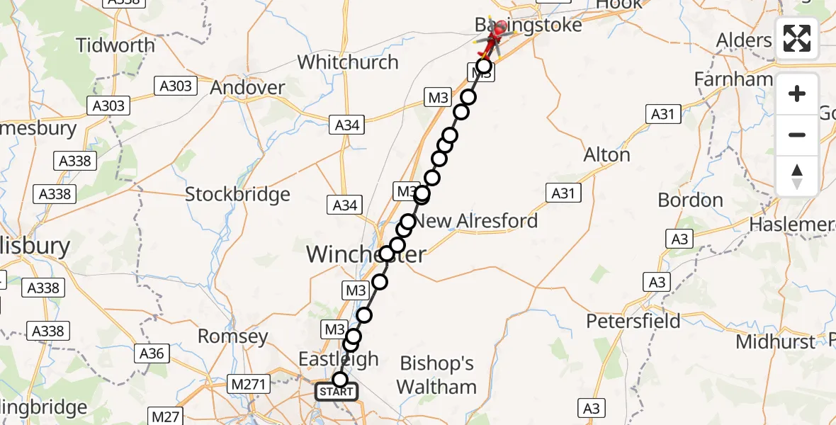 Flight route Air Ambulance Helicopter Southampton Airport - Basingstoke, 14 June 2026, 06:31