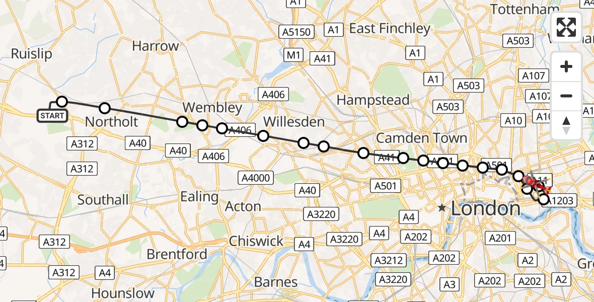 Flight route Air Ambulance Helicopter RAF Northolt - Royal London Hospital, 14 June 2026, 07:11