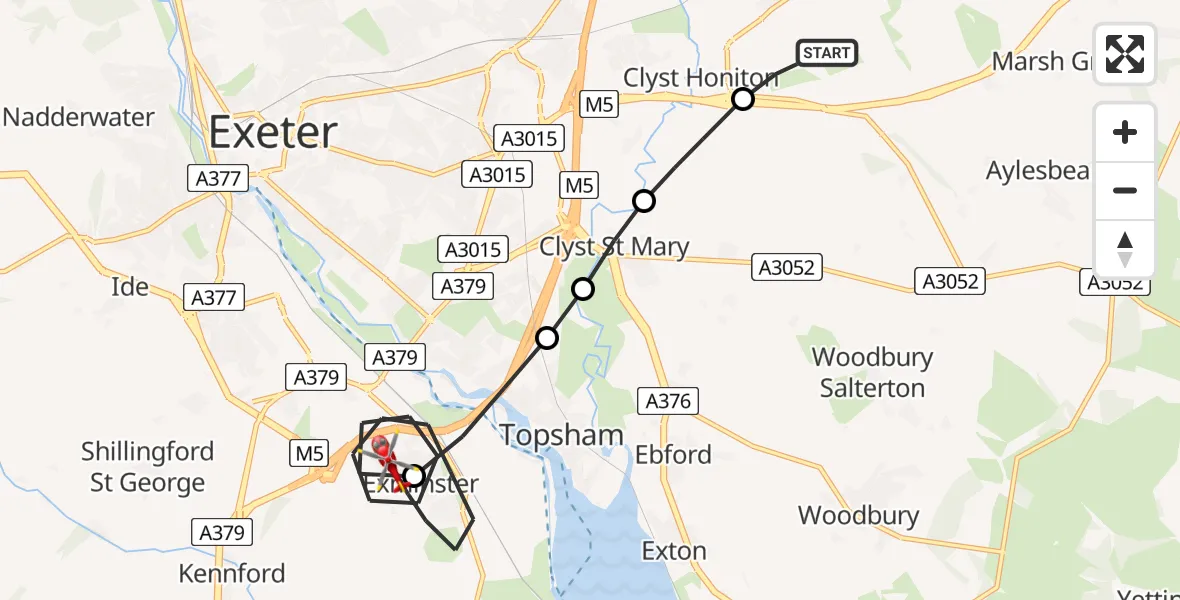Flight route Air Ambulance Helicopter Exeter International Airport - Exminster, 14 June 2026, 07:11